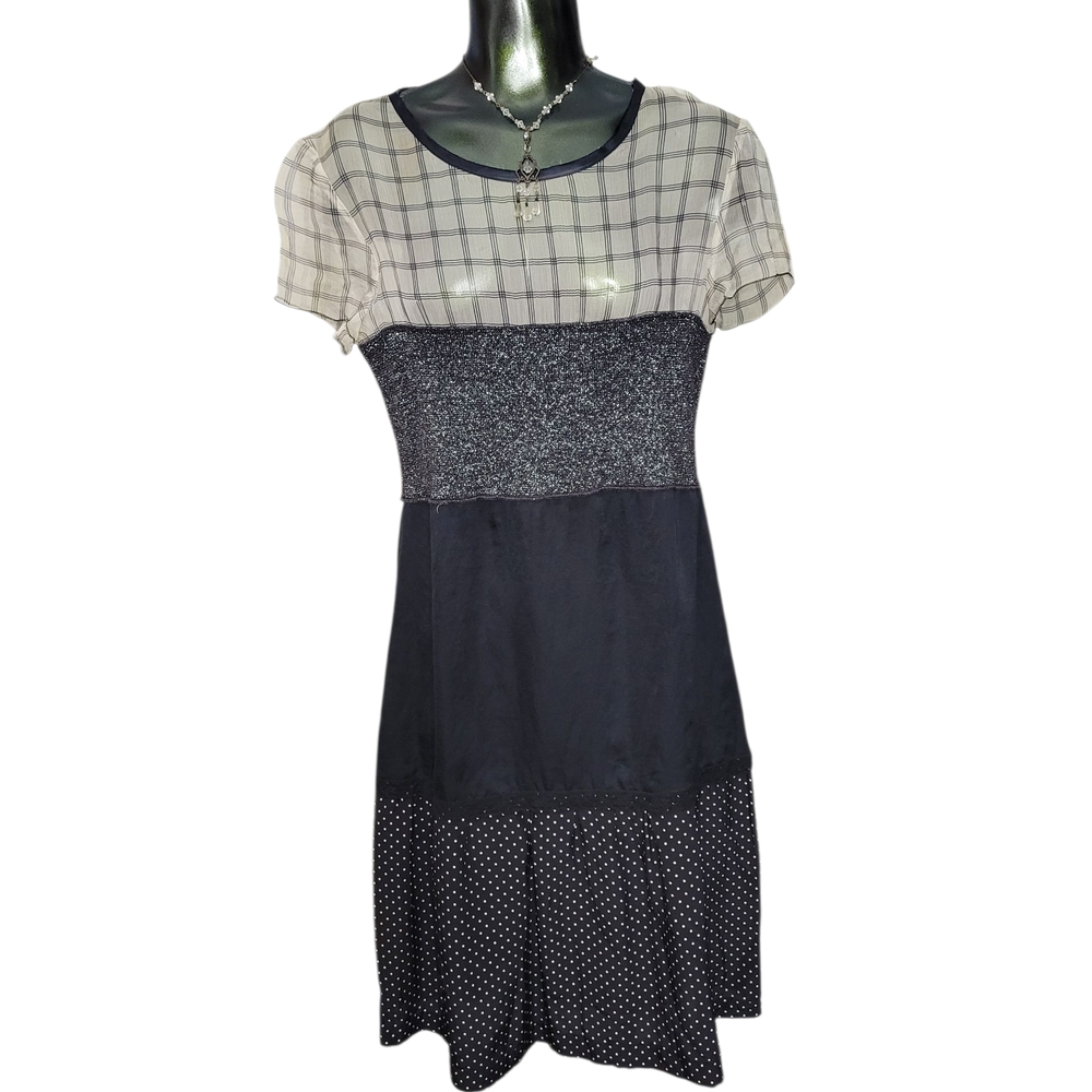 Vintage Designer Sz Small Sheer Black + White Midi Dress Polka Dots Stripes Silk